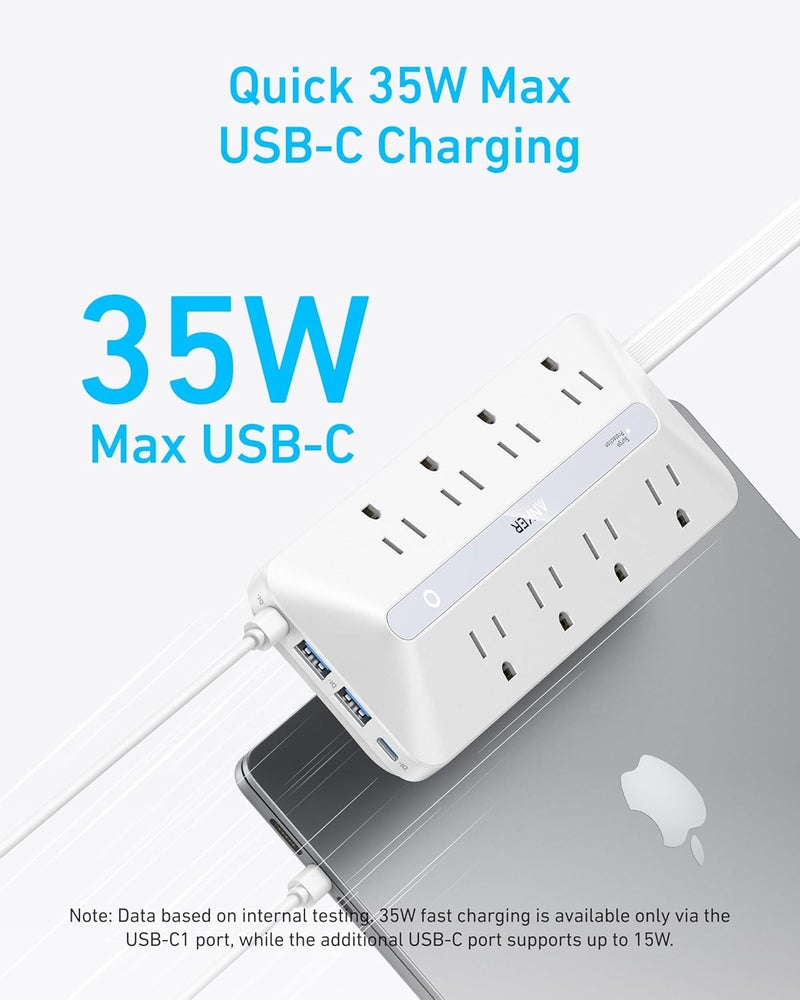 Anker Flat Plug Power Strip, 12-in-1 USB-C Power Strip with 8 AC, 2 USB-C, and 2 USB-A Ports, 5 feet Extension Cord, Slim Desk Charging Station, 900J Surge Protection, 35W Max for Home, Office, Dorm - Image 3